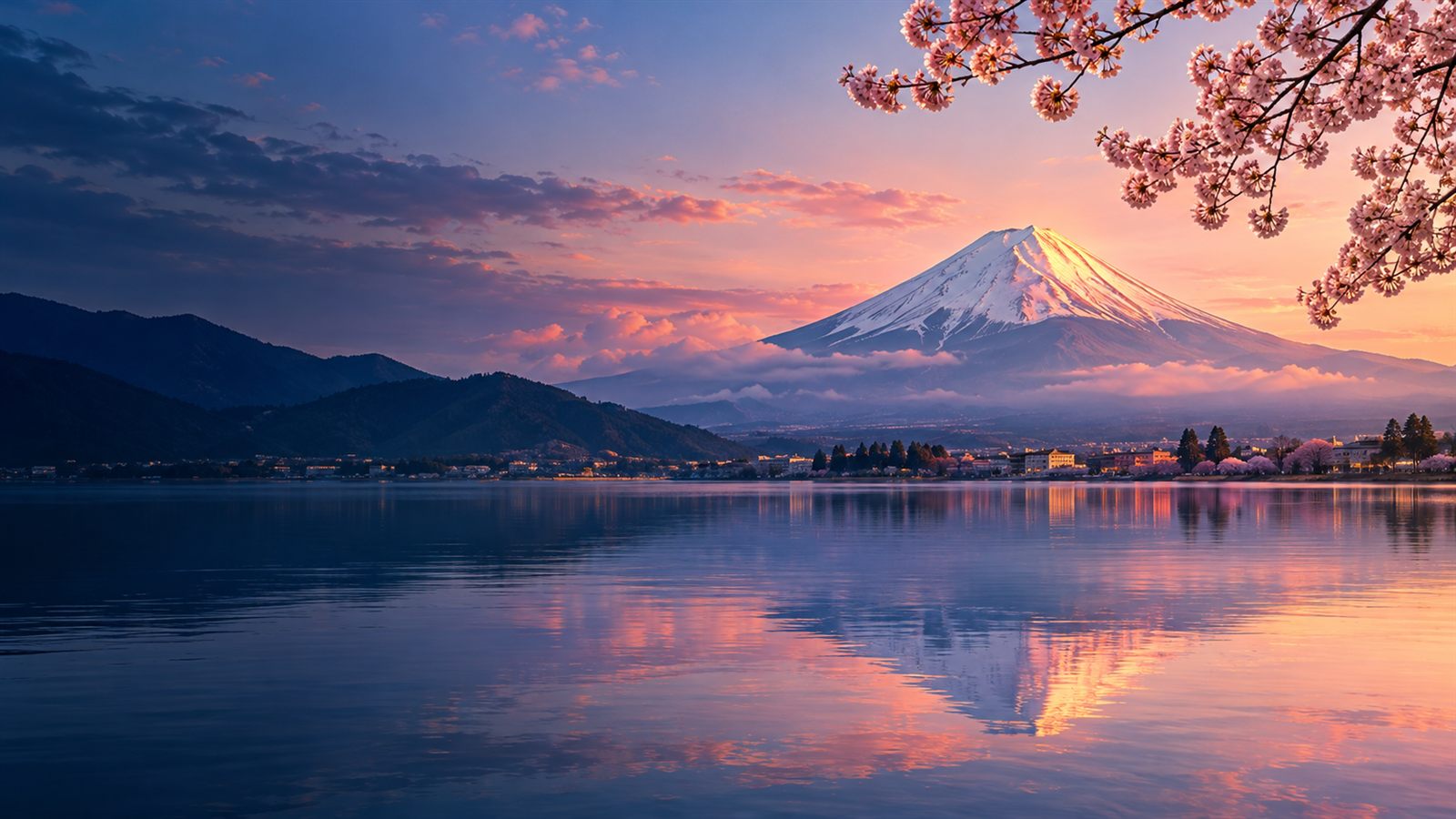 桜と湖の向こうに朝日に染まる富士山の生成イメージ