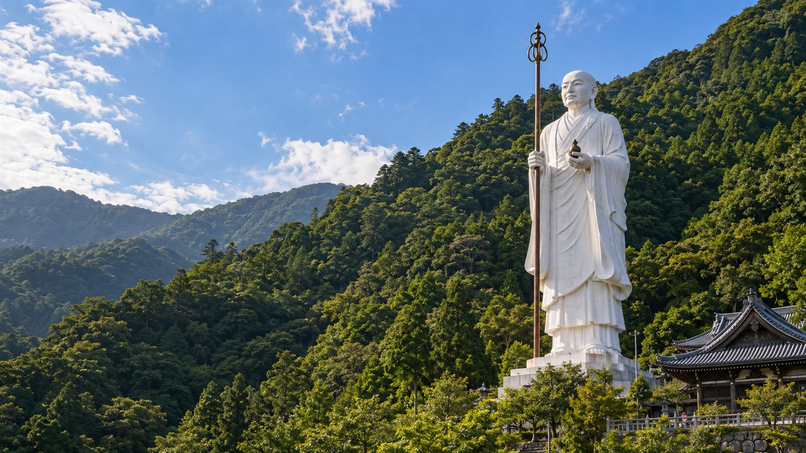 緑の山を背に錫杖を持って立つ室戸の青年大師像の生成イメージ