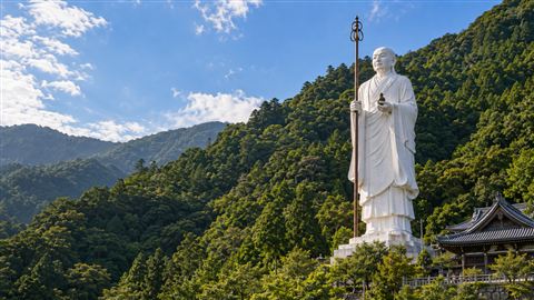 緑の山を背に錫杖を持って立つ室戸の青年大師像の生成イメージ