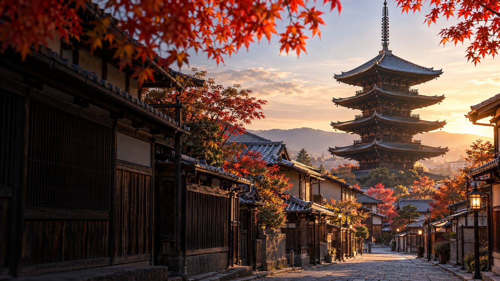 紅葉と京都の町並みに立つ五重塔の生成イメージ