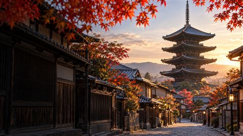 紅葉と京都の町並みに立つ五重塔の生成イメージ