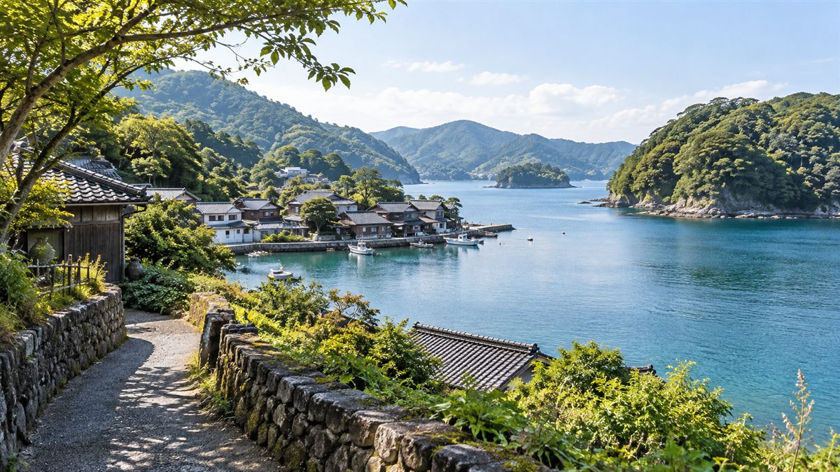 海沿いの家並みと緑の山に囲まれた風景