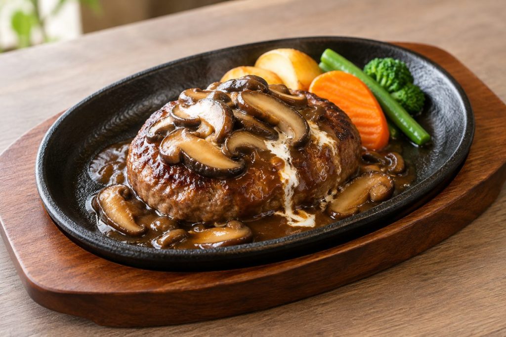 椎茸をのせたハンバーグと付け合わせの野菜を盛った鉄板