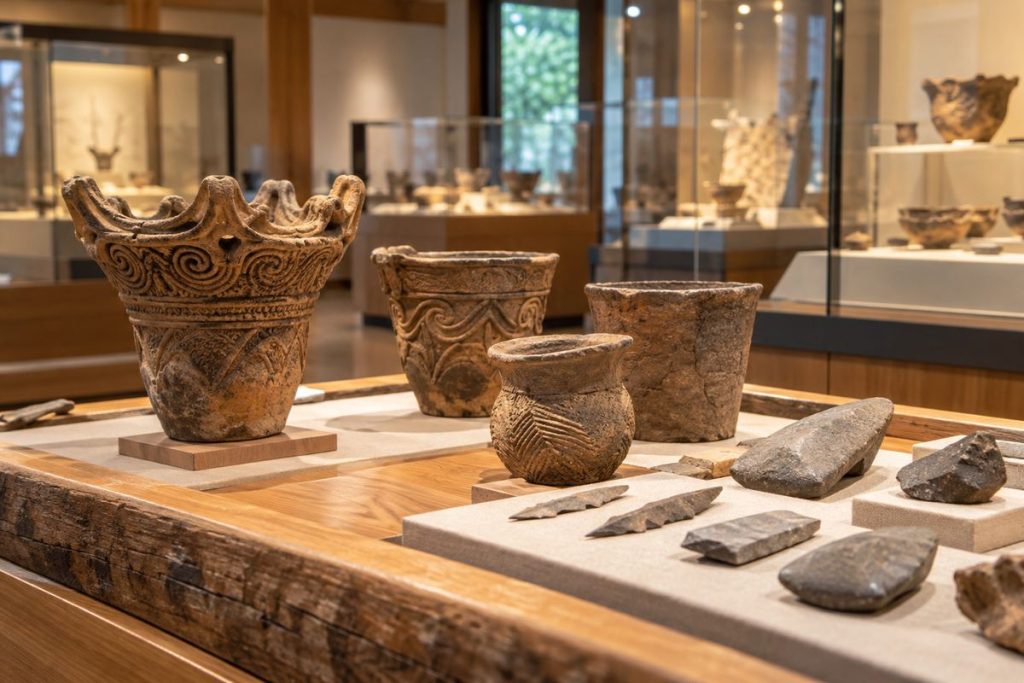 縄文土器と石器を展示する歴史館の生成イメージ