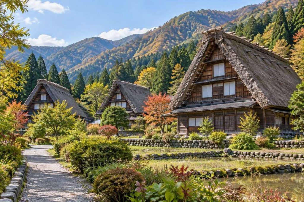 飛騨の山あいに並ぶ合掌造り家屋の生成イメージ