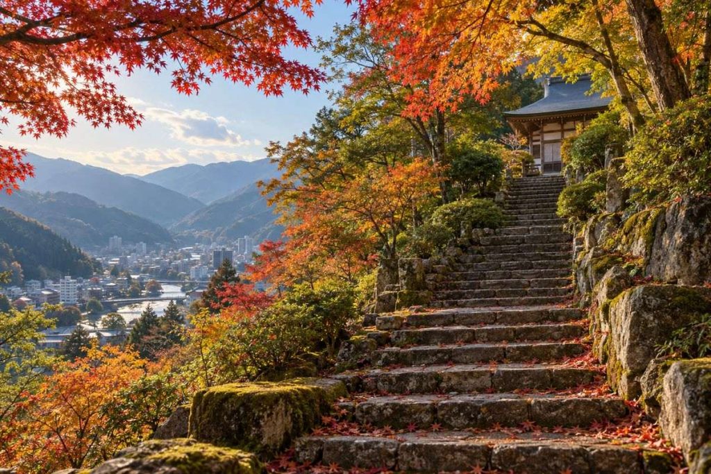 紅葉の石段から山の寺院を望む生成イメージ