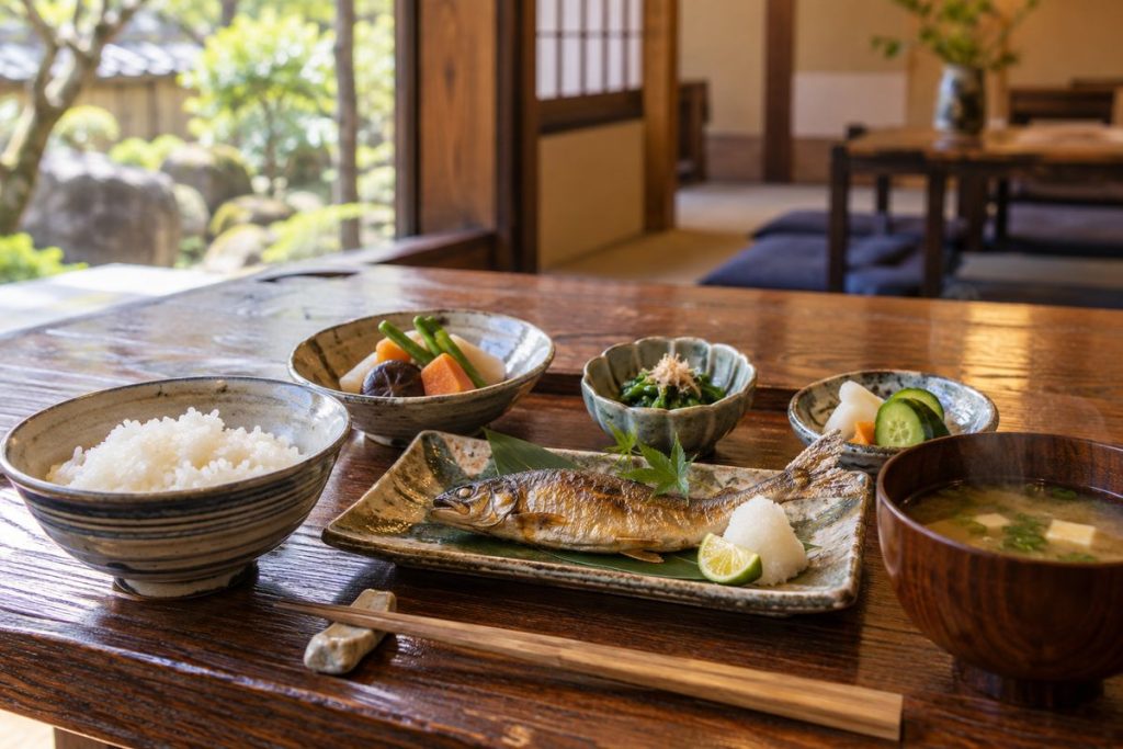 季節の野菜と焼き魚を添えた和食膳の生成イメージ