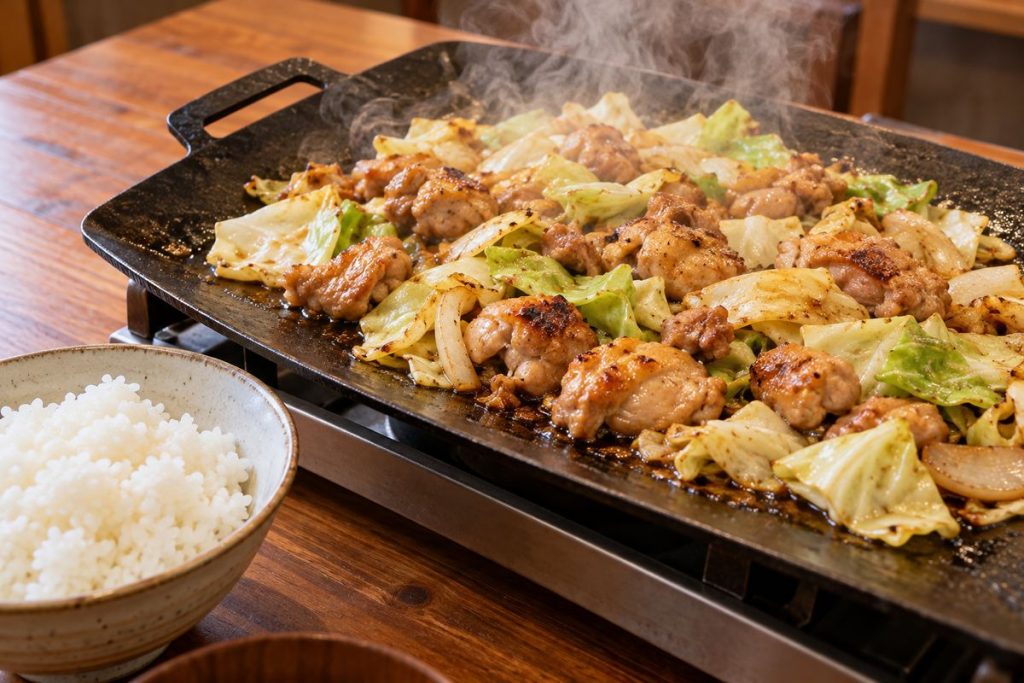 鉄板で野菜と焼く鶏ちゃんの生成イメージ