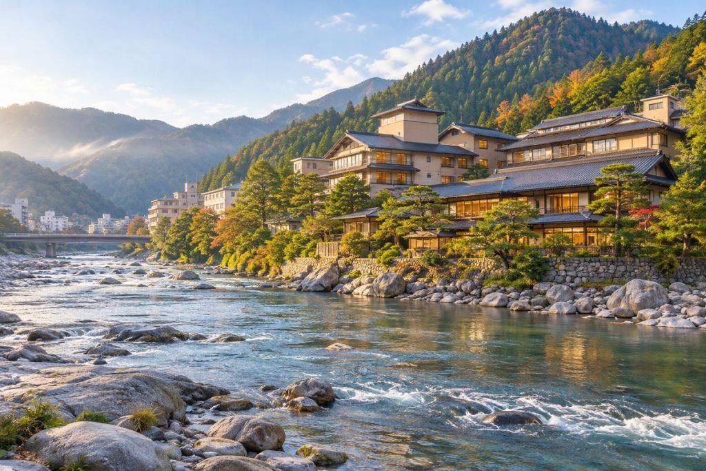 飛騨川沿いの温泉旅館を題材にした生成イメージ