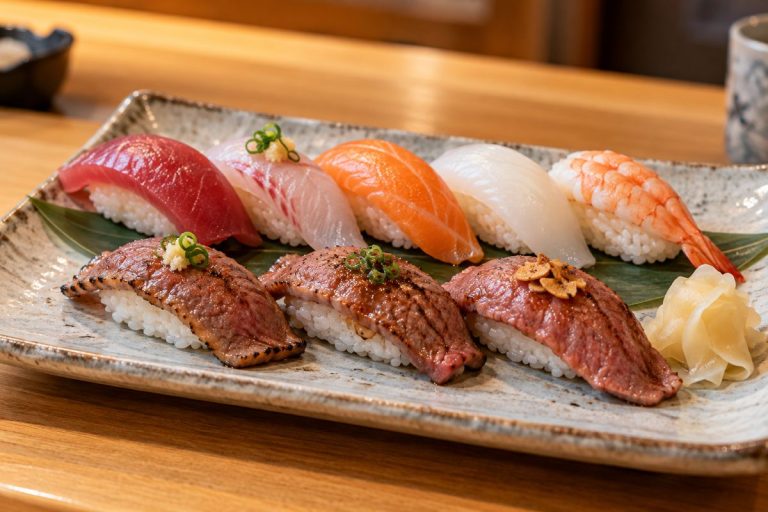 鮮魚の握りと牛肉の握りを題材にした寿司の生成イメージ