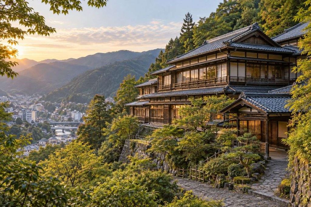 山あいの木造温泉旅館の生成イメージ