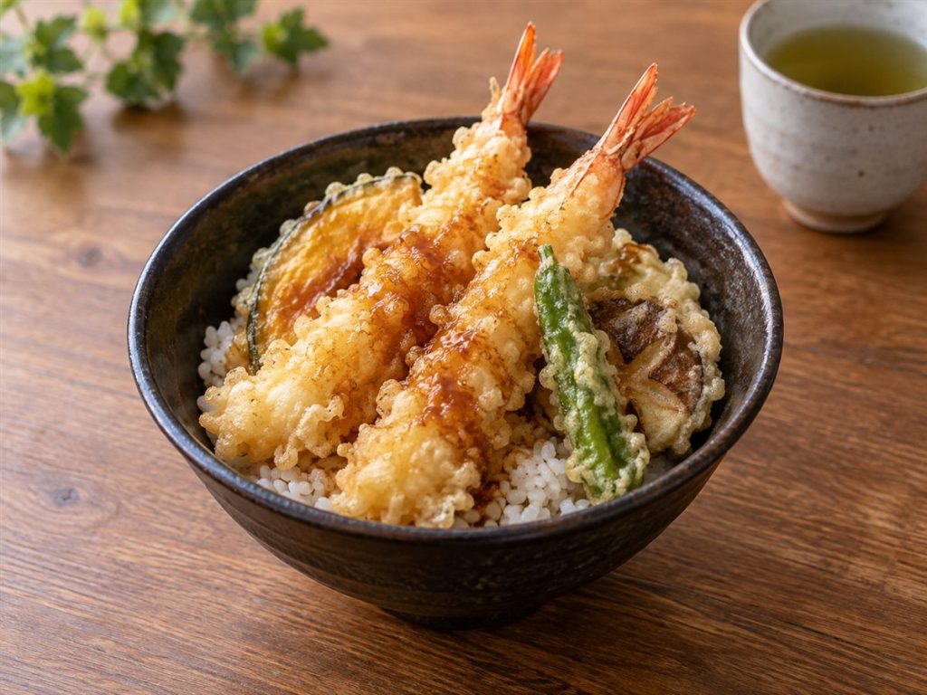 ご飯にえびと野菜の天ぷらをのせた天丼