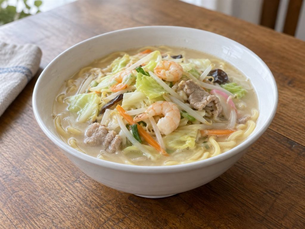 野菜とえび、豚肉をのせたちゃんぽんの器