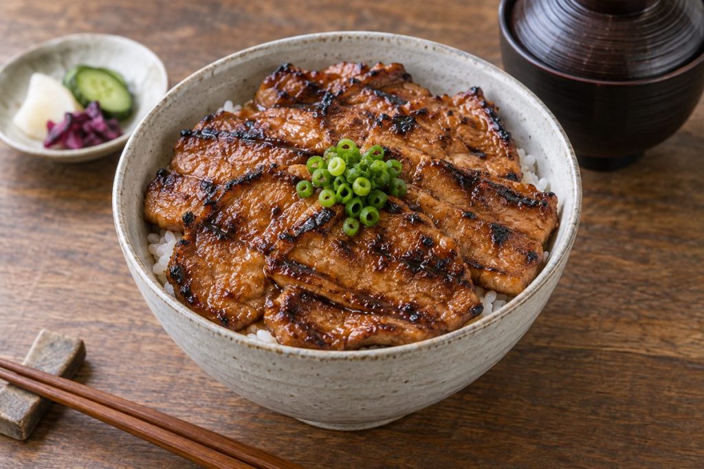 炭火の焼き目が付いた豚肉と刻みネギをのせた豚みそ丼