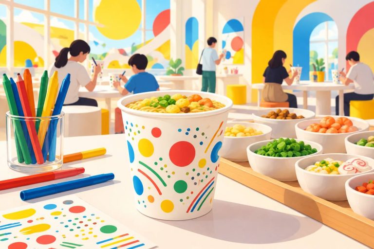 ロゴのないカップを彩る食品づくりワークショップの生成イメージ