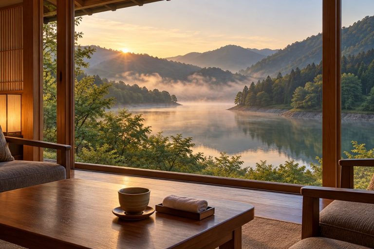 山あいの宿のラウンジと湖畔風景を題材にした生成イメージ