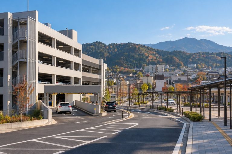 駅近くの立体駐車場をイメージした生成画像
