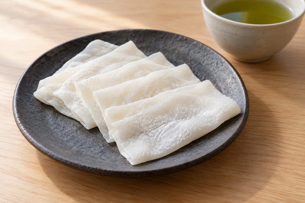 黒い皿に重ねた薄い白い羽二重餅と湯のみ