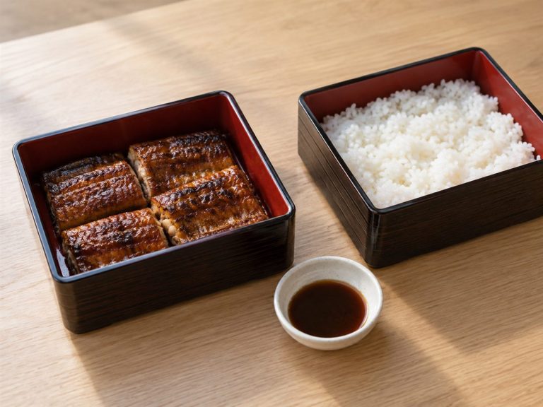 別々の重箱に盛った鰻の蒲焼と白いご飯、タレの小皿