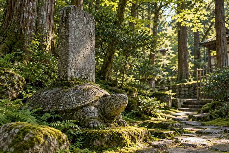 松江の歴史ある寺院と石造物を表す独自生成の概念画像。月照寺の実際の境内や大亀像の写真ではありません。