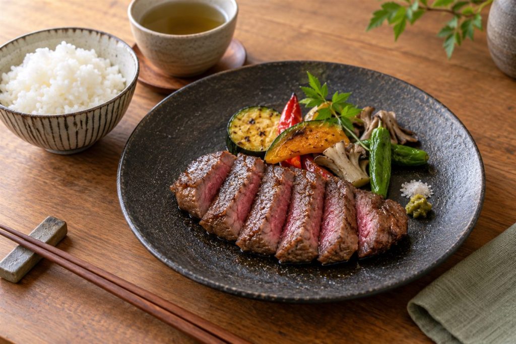 切り分けた牛肉のステーキと焼き野菜、ご飯とお茶