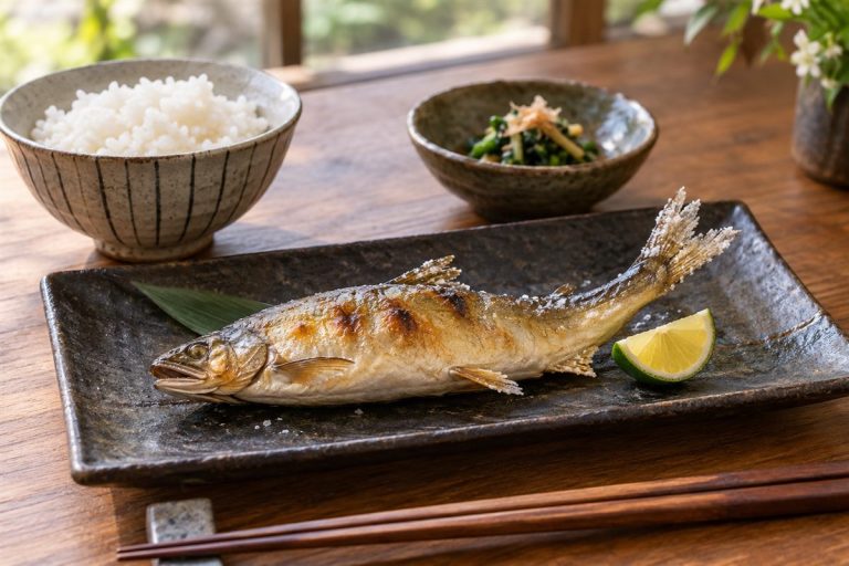 器に盛り付けた鮎の塩焼きの生成イメージ