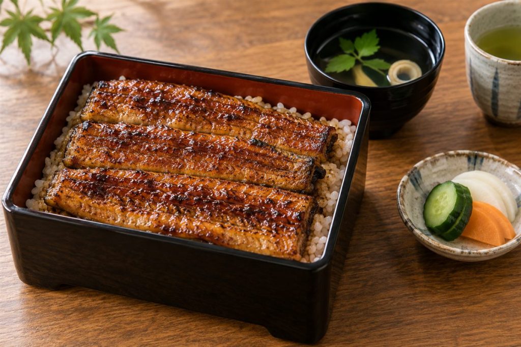 重箱に盛ったうなぎの蒲焼きとご飯、吸い物と漬物