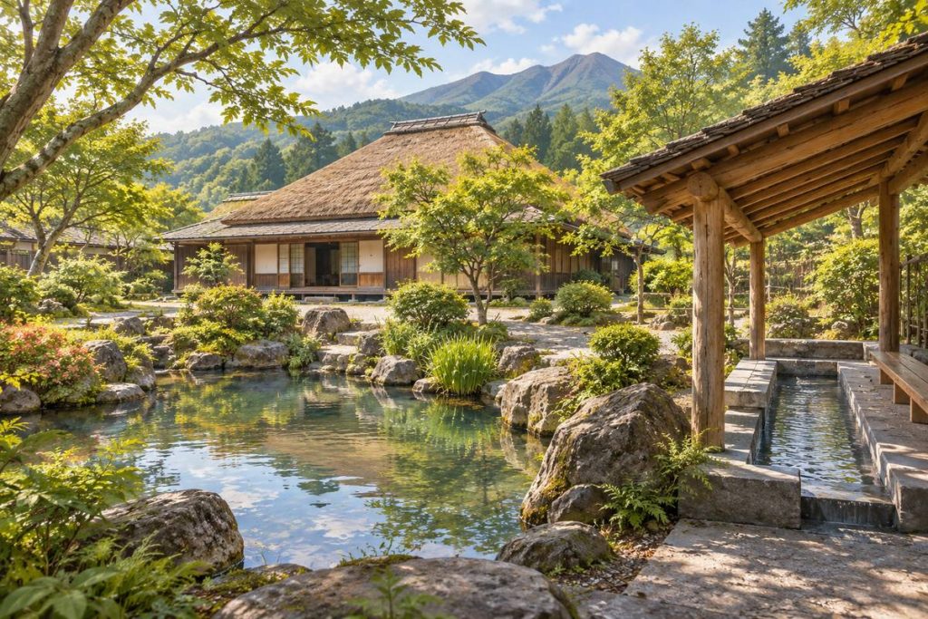 茅葺きの家と日本庭園、足湯を表現した日当山西郷どん村の生成イメージ