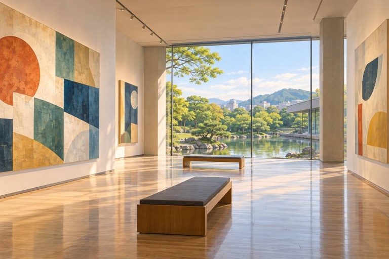 広島県立美術館の旅を表現した独自生成の概念イメージ。実際の施設・展示・景観の写真ではありません。