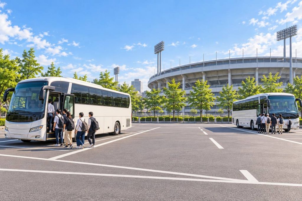 球場近くのバス専用駐車場で団体が乗車する生成イメージ