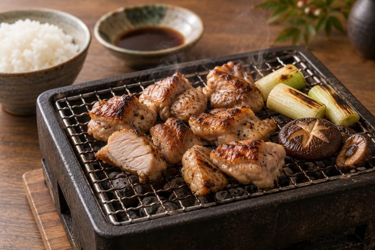 網の上で焼いたきじ肉と野菜