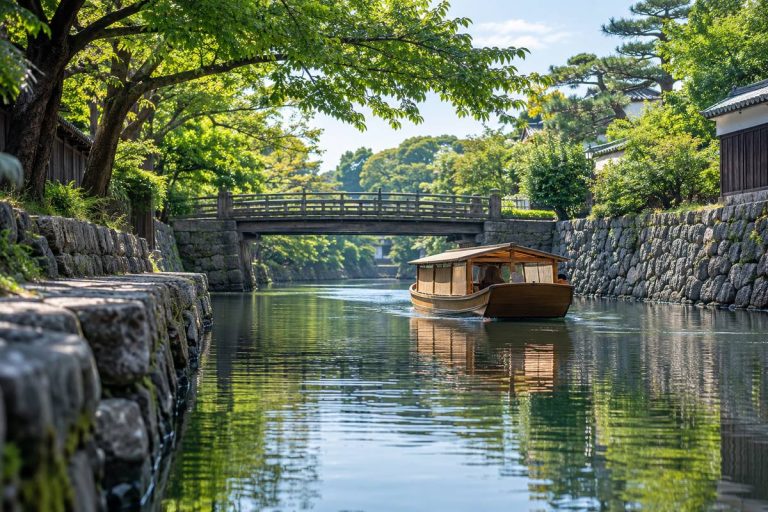松江のお堀を屋根付き船で巡る旅を表す独自生成イメージ。堀川遊覧船の実際の船や航路を撮影した写真ではありません。