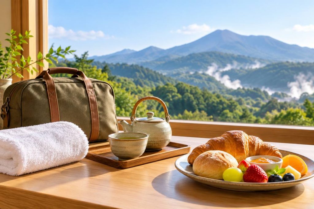温泉滞在の旅支度と朝食をイメージした生成イラスト