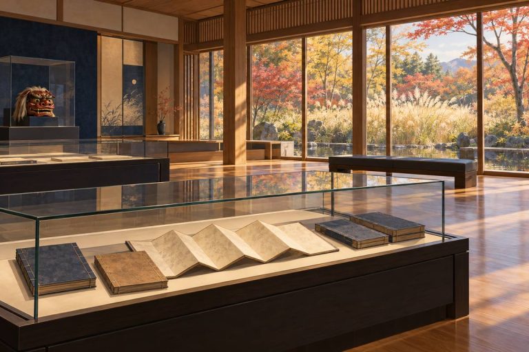 万葉の歌と因幡の歴史を学ぶ施設をイメージした生成画像。因幡万葉歴史館の実景ではありません。