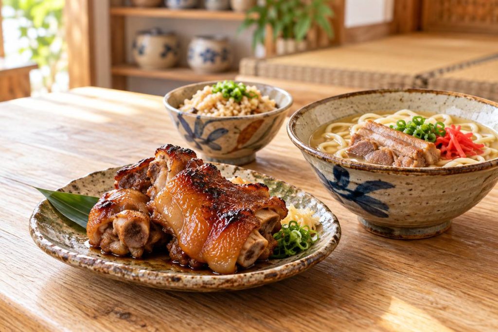 焼きてびちと豚肉入り沖縄そばを並べた食卓の生成イメージ