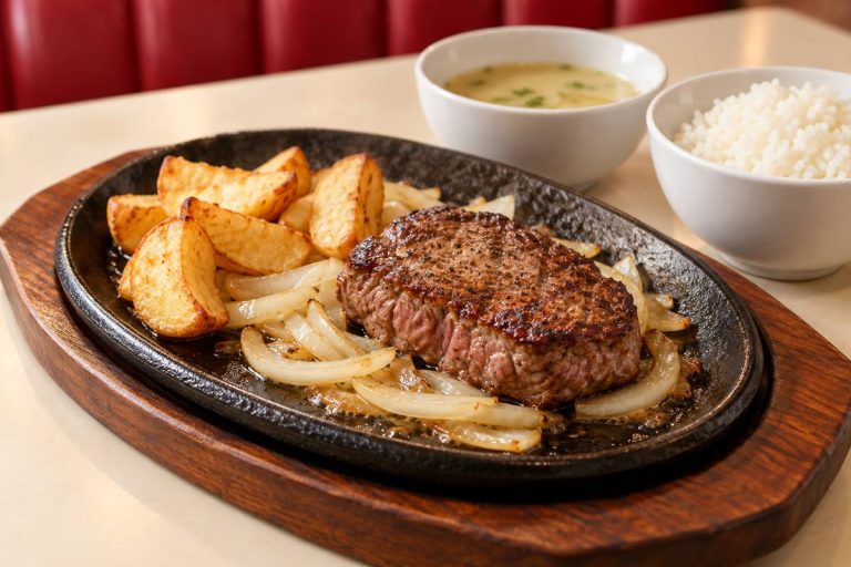鉄板のステーキとスープ、ライスを組み合わせた食事の生成イメージ