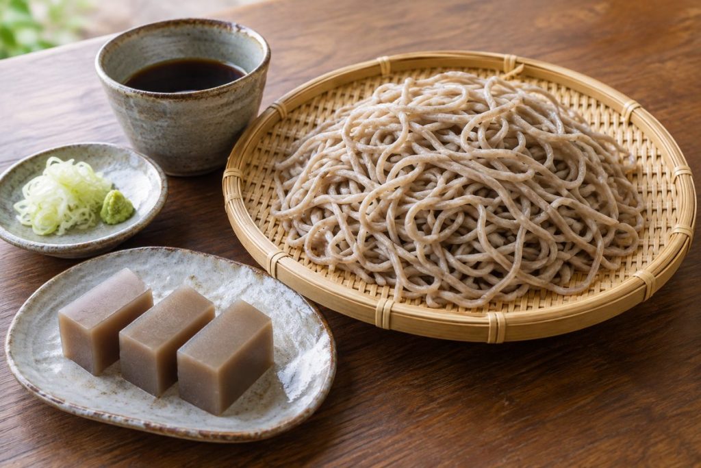 もりそばに薬味とそば羊羹を添えた食卓