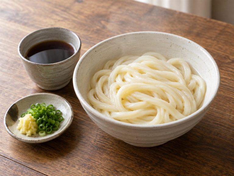 器に盛った太いうどんとつゆ、ねぎとしょうが