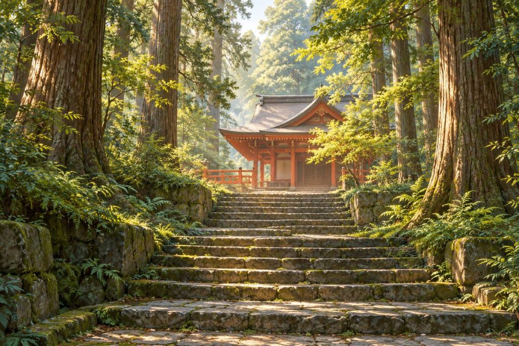木立と朱色の社殿を題材にした鹿児島神宮の生成イメージ