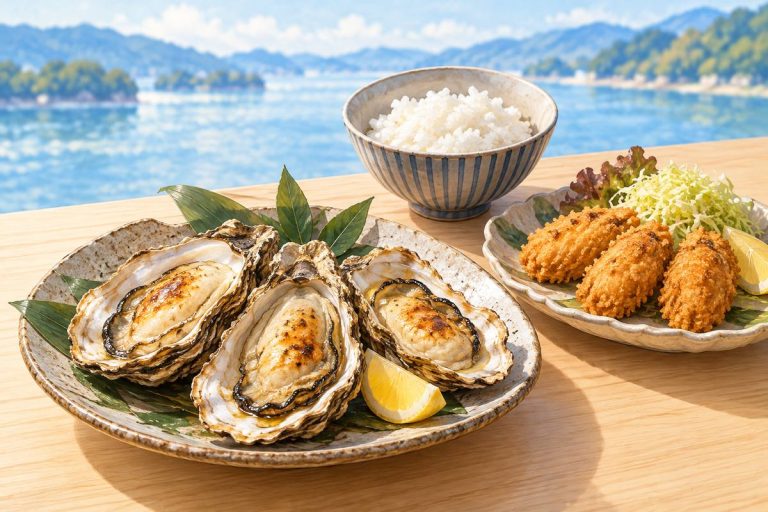 牡蠣の加熱料理とご飯を描いた生成イメージ