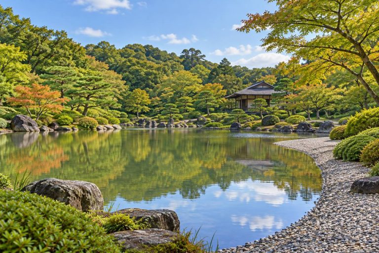 池と木々、和風の屋根を描いた三溪園紹介用の独自生成概念画像。実景の写真ではありません。