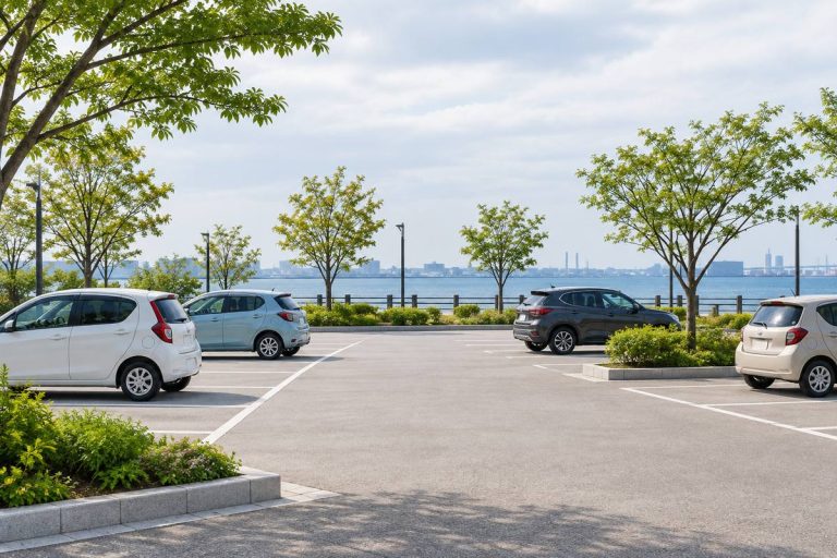 海辺の公園と駐車区画を描いた独自生成の概念画像。山下公園駐車場の実景や配置図ではありません。