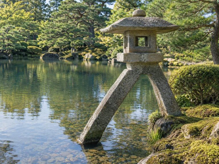池のほとりに立つ二本脚の石灯籠