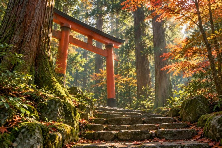 森の参道と朱色の鳥居