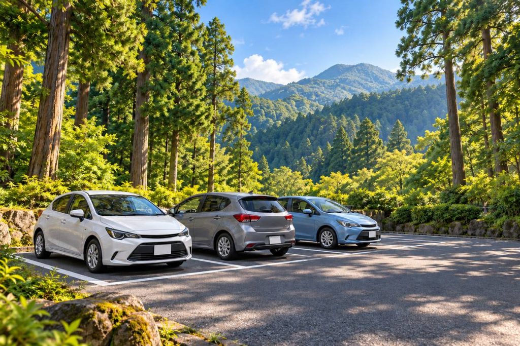 森に囲まれた平面駐車場と乗用車