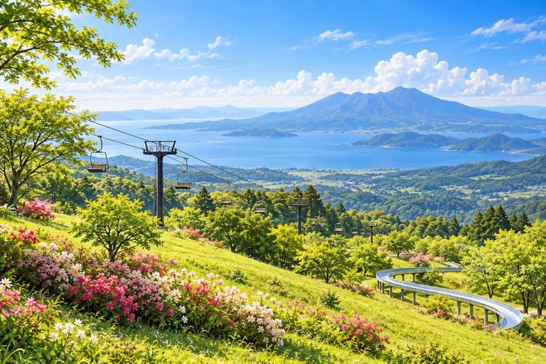 山の斜面とリフト、遠景の湾を表現した霧島神話の里公園の生成イメージ