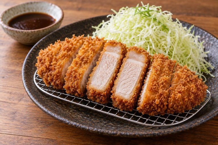 キャベツを添えた厚切りのとんかつ