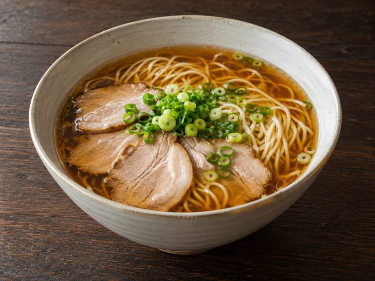 澄んだ茶色のスープに麺、薄切りの豚肉とねぎを合わせたラーメン