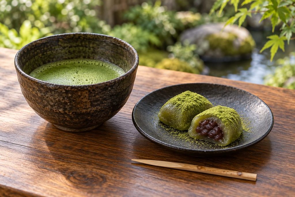 抹茶の茶碗と、あんを包み抹茶をまぶしたわらび餅