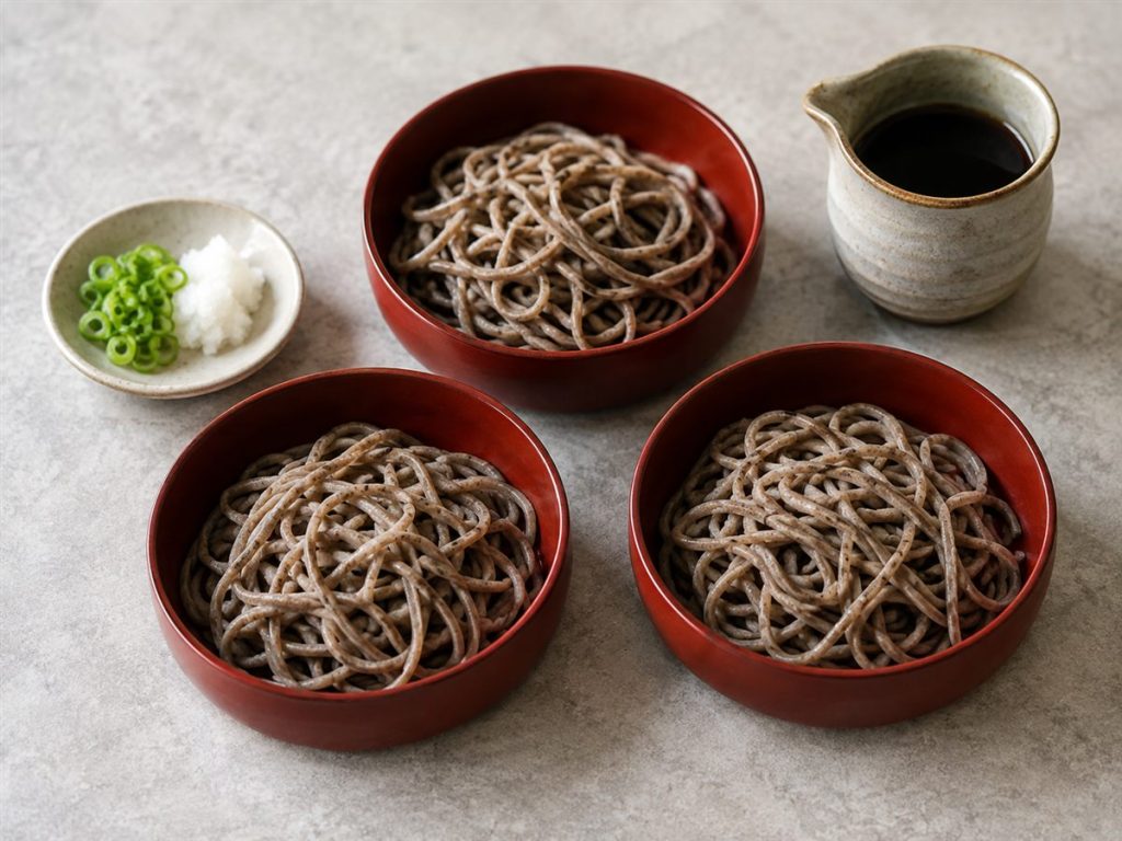 丸い三つの器に盛ったそばと薬味、つゆ
